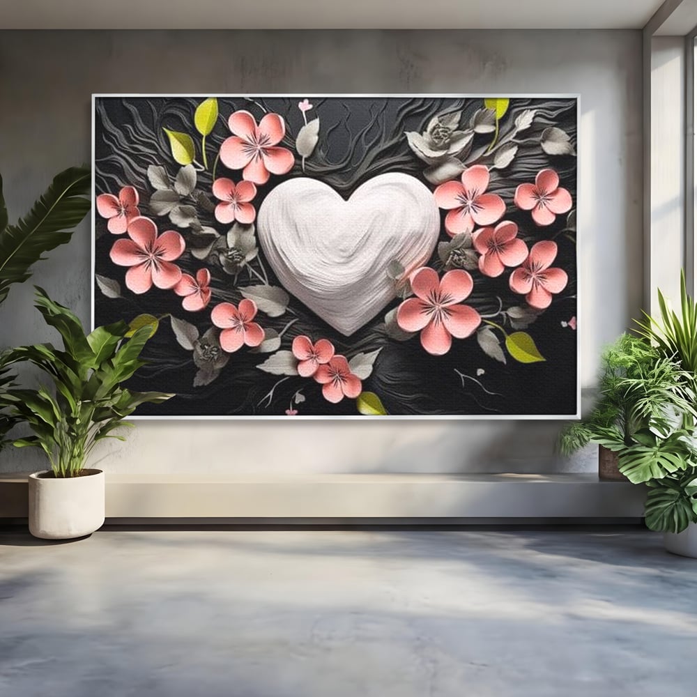 Tablou canvas cu tablou canvas cu inima alba si flori roz, in rama de aluminiu argintiu